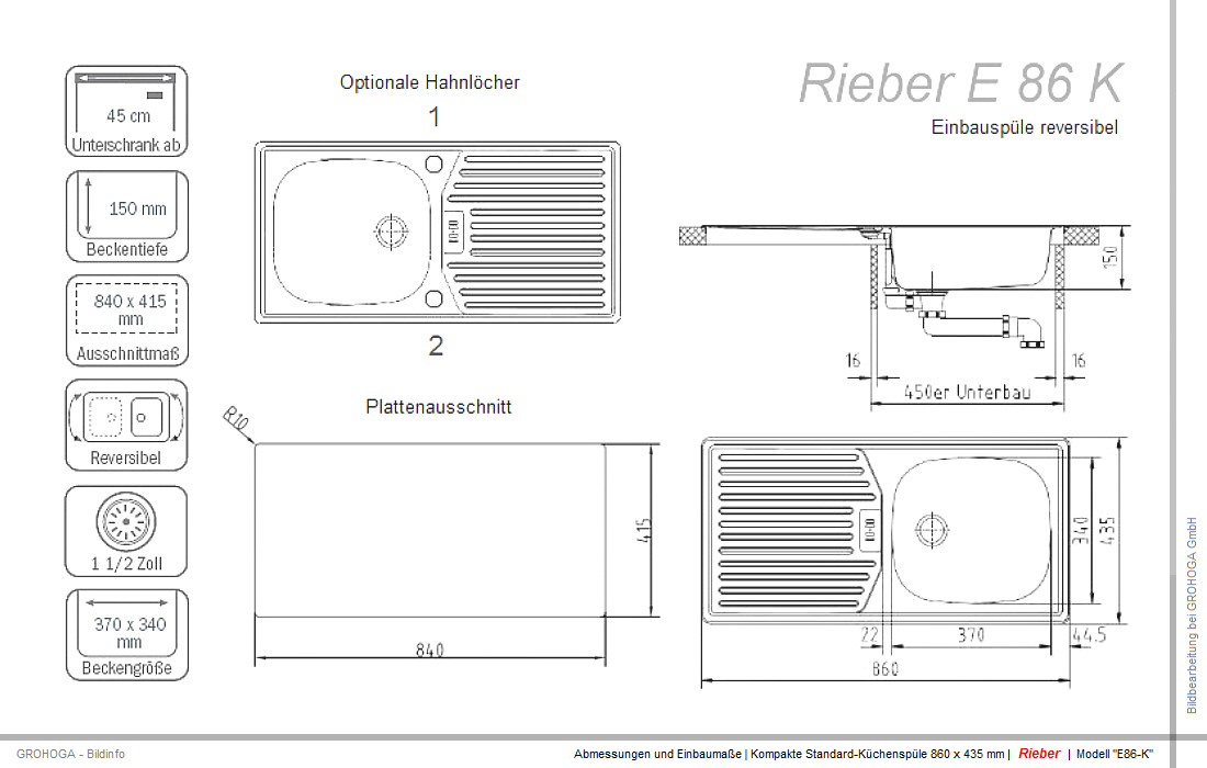 Rieber Set E 86 K Sink Stainless Steel Recessed Sink Sink Faucet